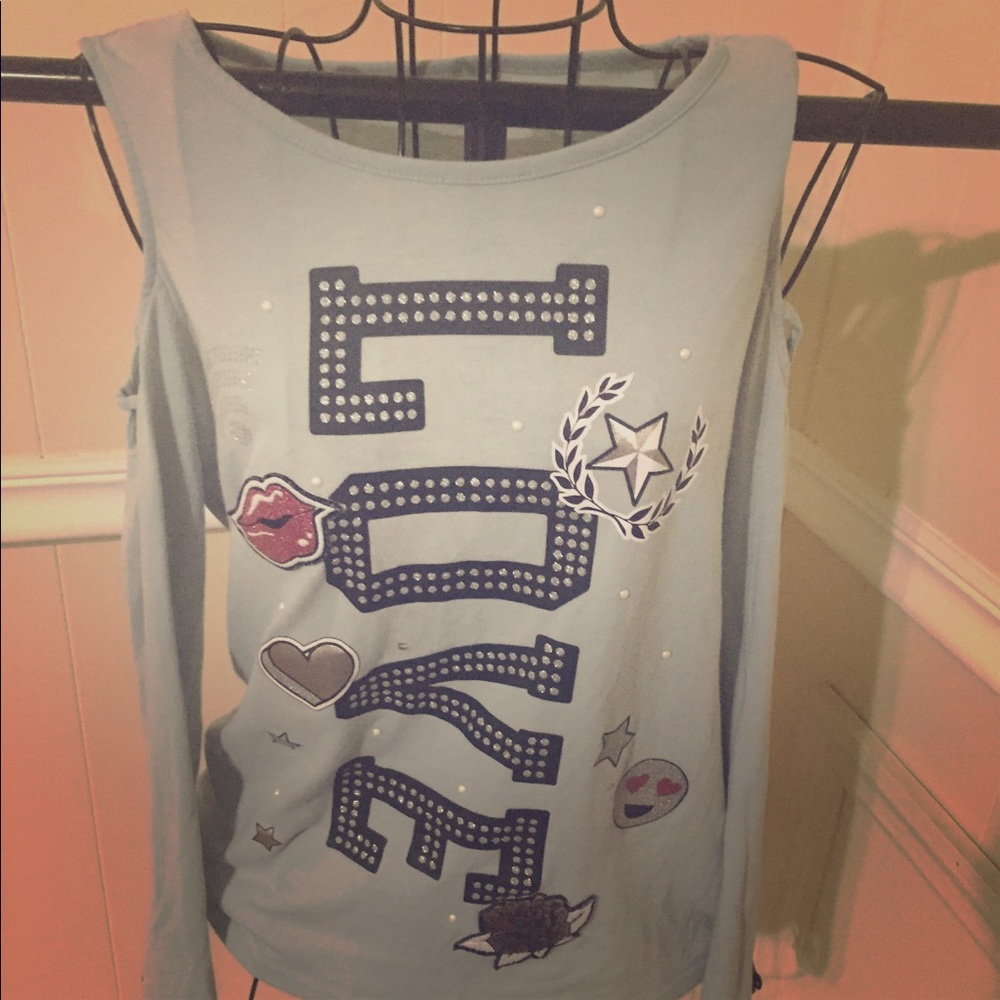 Graphic Baby Blue Cold Shoulder Top